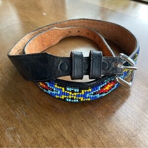 Vintage Western Colorful Beaded Black Leather Belt